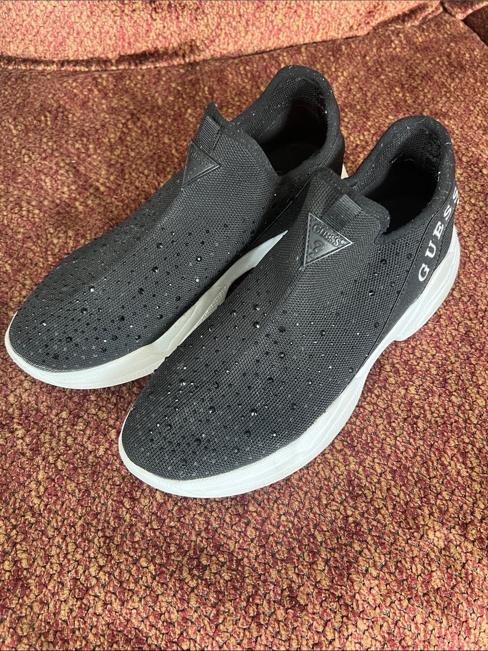 GUESS Women’s Black Knit Slip-On Sneakers with White Sole